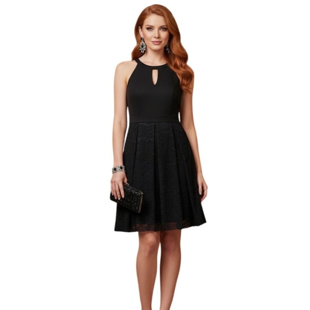 Jessica Howard Black Cocktail Dress LBD Size 6 Lace Fit & Flare Twirly Classic